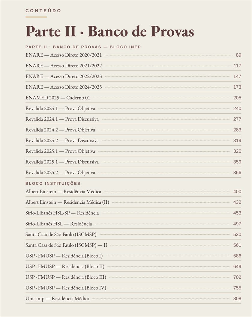 Sumário da Parte II do Raio-X: o banco de provas reais listado banca por banca — ENARE, ENAMED, Revalida, Einstein, Sírio-Libanês, Santa Casa, USP e Unicamp.
